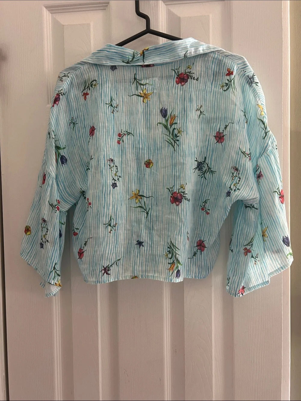 120 LINO% BLUE  FLORAL TROPICAL BEACH TIE FRONT SHIRT SIZE 42 NWOT